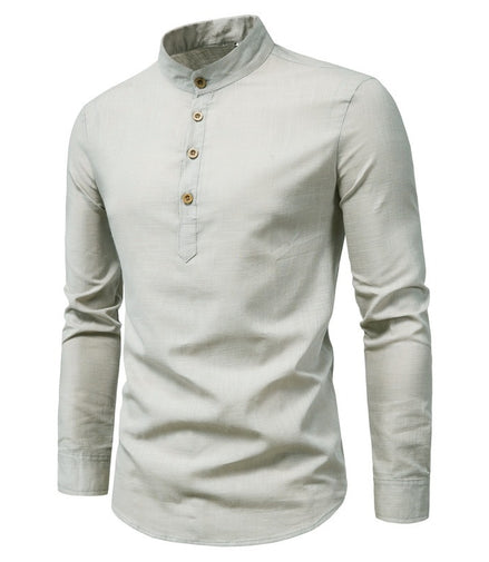 Men's Long-Sleeved Shirt Solid Color Stand-Up Collar Cotton And Linen Shirt