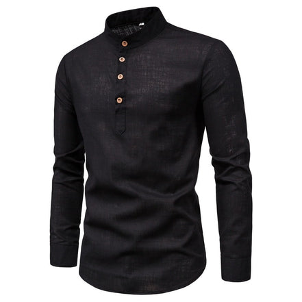 Men's Long-Sleeved Shirt Solid Color Stand-Up Collar Cotton And Linen Shirt