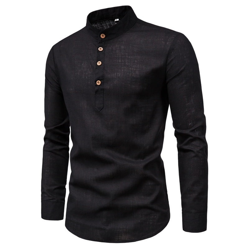 Men's Long-Sleeved Shirt Solid Color Stand-Up Collar Cotton And Linen Shirt