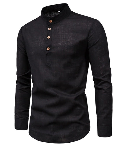 Men's Long-Sleeved Shirt Solid Color Stand-Up Collar Cotton And Linen Shirt