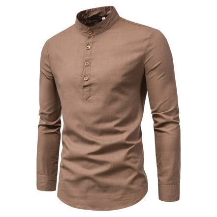 Men's Long-Sleeved Shirt Solid Color Stand-Up Collar Cotton And Linen Shirt