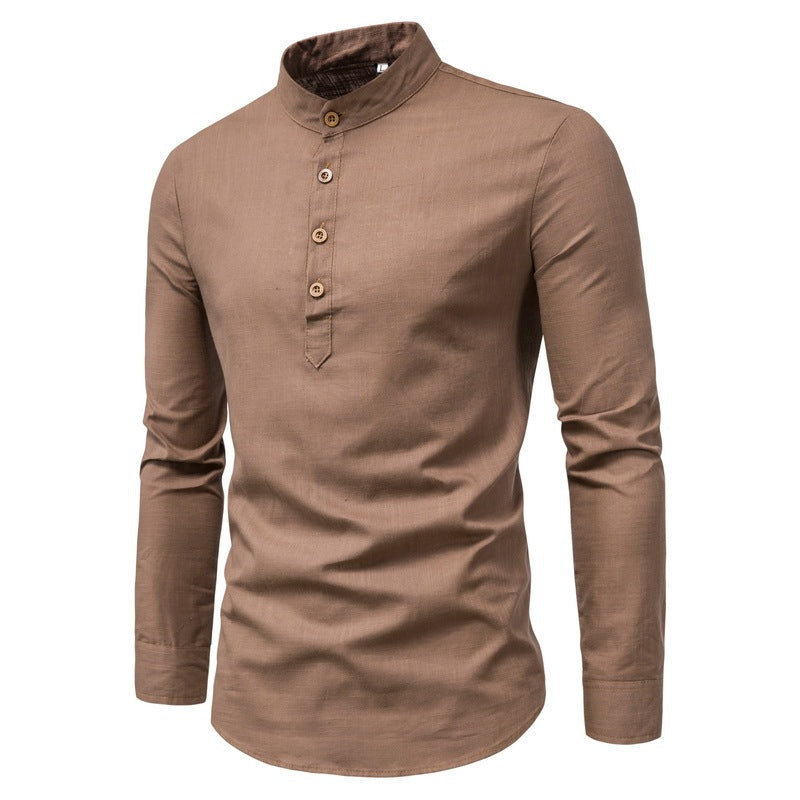 Men's Long-Sleeved Shirt Solid Color Stand-Up Collar Cotton And Linen Shirt