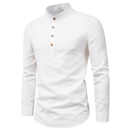 Men's Long-Sleeved Shirt Solid Color Stand-Up Collar Cotton And Linen Shirt