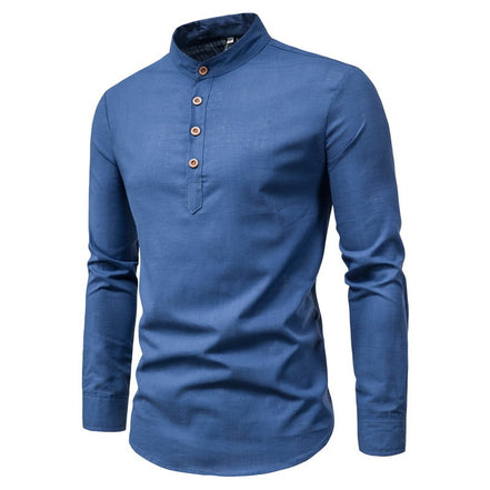 Men's Long-Sleeved Shirt Solid Color Stand-Up Collar Cotton And Linen Shirt