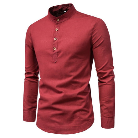 Men's Long-Sleeved Shirt Solid Color Stand-Up Collar Cotton And Linen Shirt