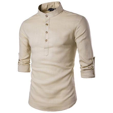 Men's Long-Sleeved Shirt Solid Color Stand-Up Collar Cotton And Linen Shirt