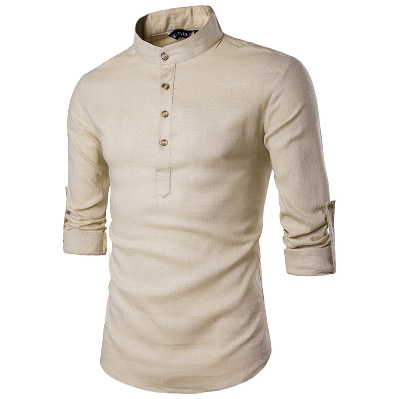 Men's Long-Sleeved Shirt Solid Color Stand-Up Collar Cotton And Linen Shirt