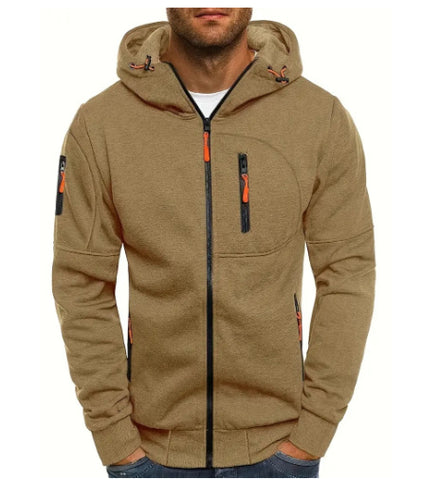 Men's Casual Zipper Hooded Sweater Solid Color Sports Fitness Jackets Cardigan