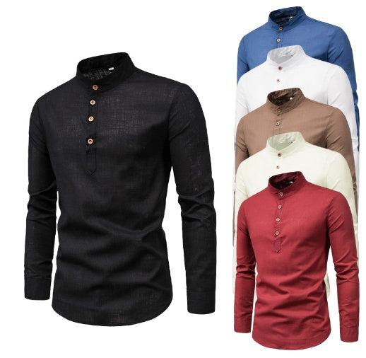 Men's Long-Sleeved Shirt Solid Color Stand-Up Collar Cotton And Linen Shirt