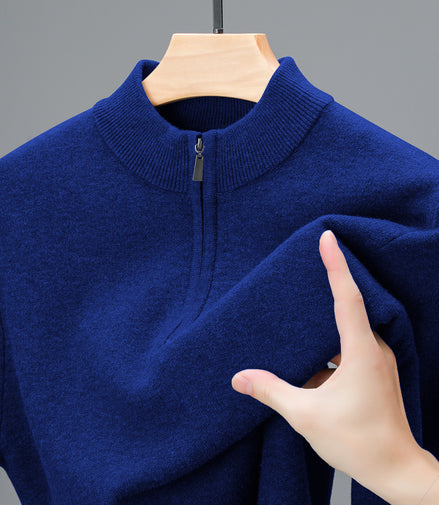 Men's Half-high Collar Zipper Sweater Middle-aged Men's Thickened Keep Warm Pure Color Sweater