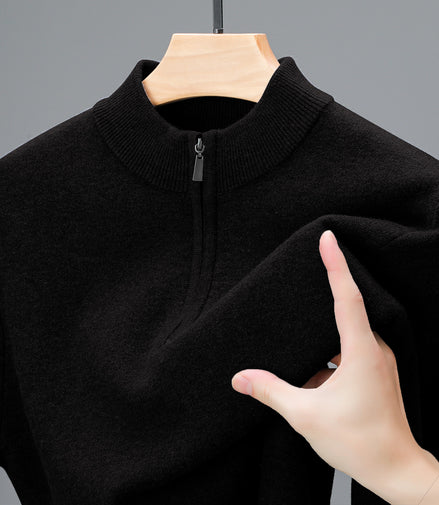 Men's Half-high Collar Zipper Sweater Middle-aged Men's Thickened Keep Warm Pure Color Sweater