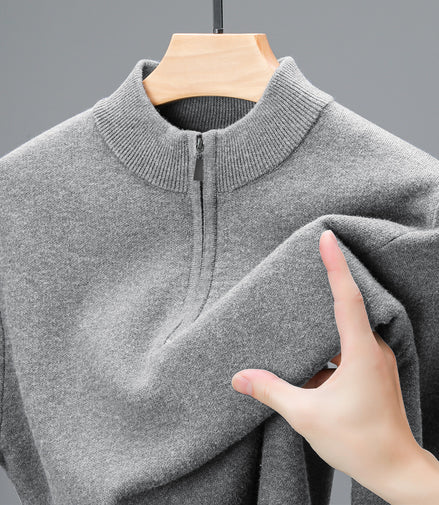Men's Half-high Collar Zipper Sweater Middle-aged Men's Thickened Keep Warm Pure Color Sweater