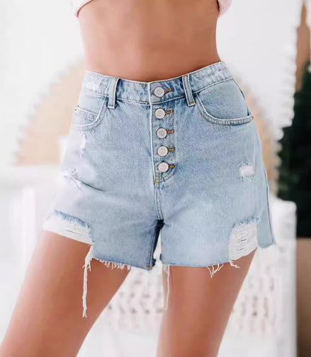 Fashion Casual Ordinary Water Washed Hole Raw Edge Denim Shorts