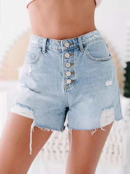 Fashion Casual Ordinary Water Washed Hole Raw Edge Denim Shorts