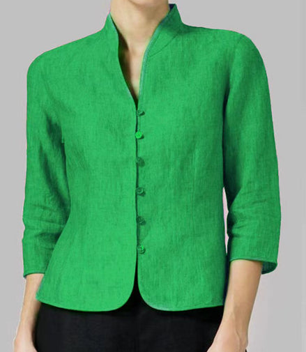 Slim Three-quarter Sleeve Button Jacket INS Fashion V-neck Stand Collar Outwear Tops Solid Color Clothing For Women