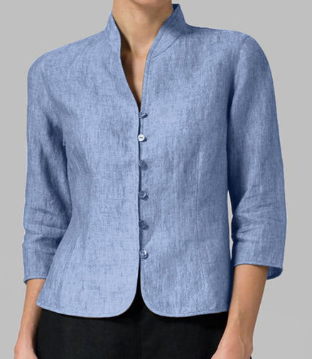 Slim Three-quarter Sleeve Button Jacket INS Fashion V-neck Stand Collar Outwear Tops Solid Color Clothing For Women
