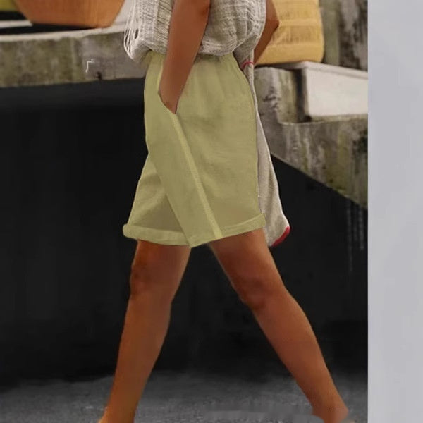 New Solid Color Side Pocket Lace Stitching Sports Casual Wide-leg Shorts