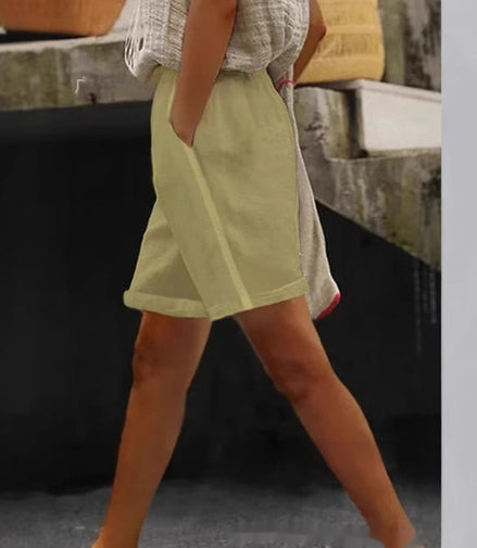 New Solid Color Side Pocket Lace Stitching Sports Casual Wide-leg Shorts